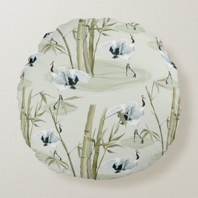 Japanese Watercolor Asian Art Bamboo Bird Pattern  Round Cushion (Front)
