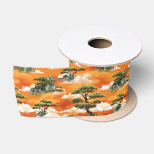 Japanese Watercolor Bonsai Pine Mountain Pattern Satin Ribbon
