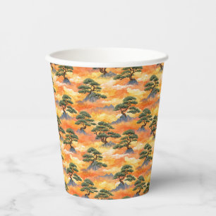 Japanese Watercolor Bonsai Pines in Golden Clouds Paper Cups