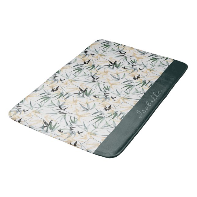 Japanese Watercolor Gold Green Bamboo Pattern Bath Mat (Angled)
