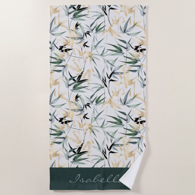 Japanese Watercolor Gold Green Bamboo Pattern Beach Towel (Front)