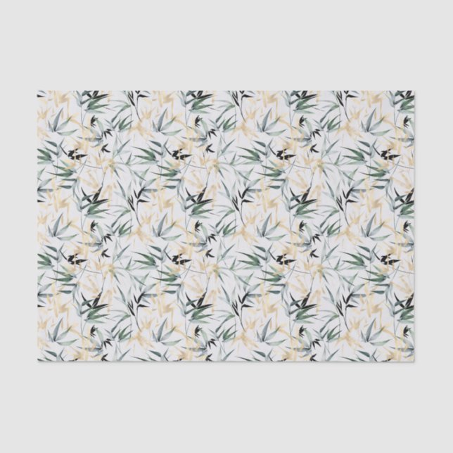 Japanese Watercolor Green Gold Bamboo Decoupage Tissue Paper (Front)