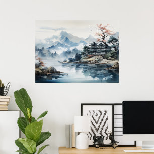 Japanese Watercolor Landscape Mountain Lake Poster