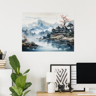 Japanese Watercolor Landscape Mountain Lake Poster