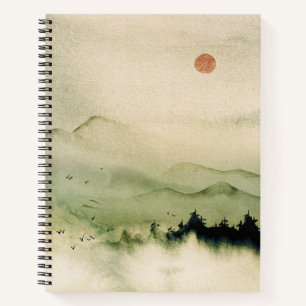 Japanese watercolor landscape red sun birds misty notebook