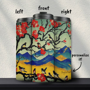 Japanese Watercolor Nature Scene Birds Custom Name Thermal Tumbler
