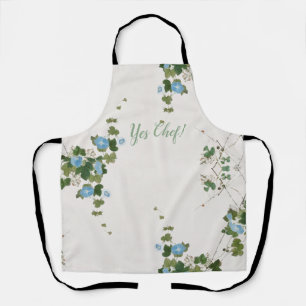 Japanese Watercolor Print Botanical Floral Blue Apron
