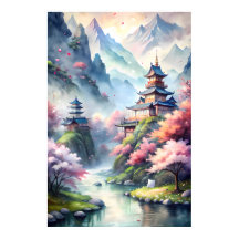 Japanese Watercolor Village | Zen Landscape Print