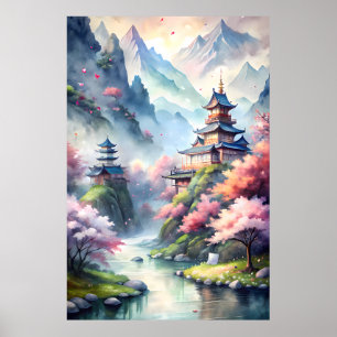 Japanese Watercolor Village Zen Landscape Print