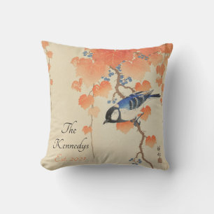 Japanese Watercolor Vintage Print With Bird Cushion