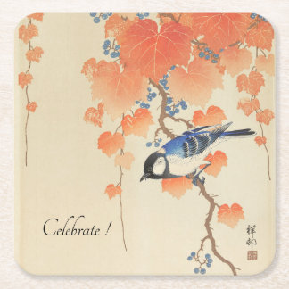 Japanese Watercolor Vintage Print With Bird Square Paper Coaster