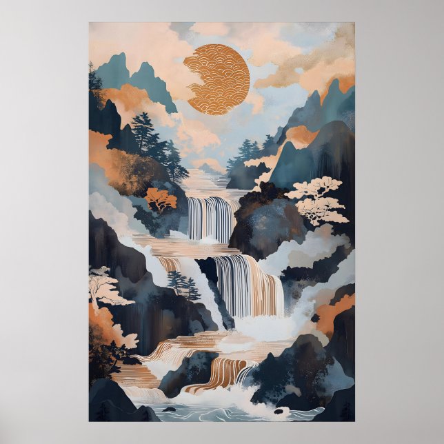 Japanese Waterfall Art Print Tranquil Mountain (Front)