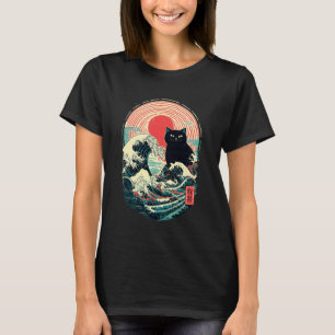 Japanese Wave Art Black Cat Retro Sun Vintage T-Shirt