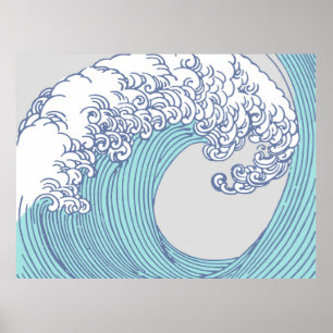 Japanese Wave Art Ocean Print Blue Beach