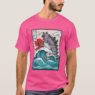 Japanese Wave Art Sunset Monster Meme Funny Cat T-Shirt