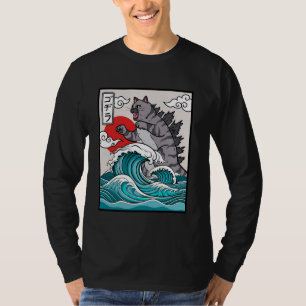 Japanese Wave Art Sunset Monster Meme Funny Cat T-Shirt