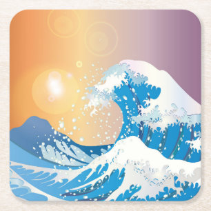 Japanese Wave Art Sunset Ocean Square Paper Coaster