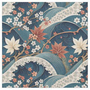 Japanese Wave & Cherry Blossom Floral Pattern Art Fabric