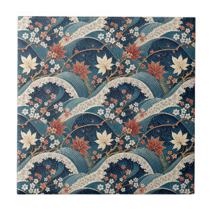 Japanese Wave & Cherry Blossom Floral Pattern Art Tile