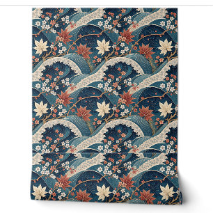 Japanese Wave & Cherry Blossom Floral Pattern Art Wallpaper