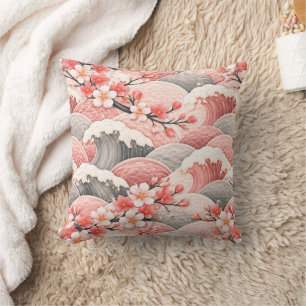 Japanese Wave Cherry Blossom Pattern Pink Coral  Cushion