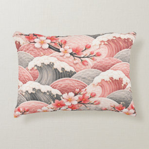 Japanese Wave Cherry Blossom Pattern Pink Coral Decorative Cushion