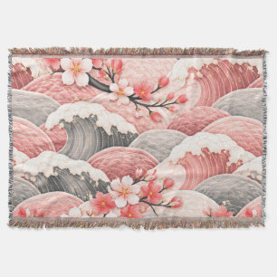 Japanese Wave Cherry Blossom Pattern Pink Coral  Throw Blanket