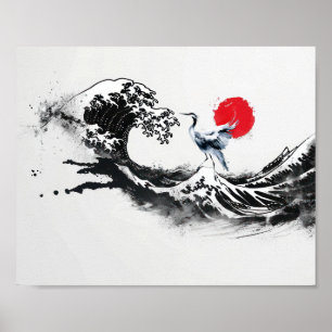 Japanese Wave , Heron, minimal painting art Poster