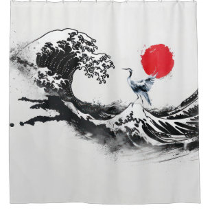 Japanese Wave , Heron, minimal painting art Shower Curtain