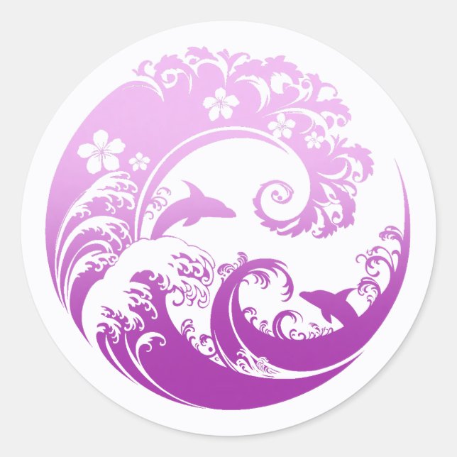 Japanese Wave & Hibiscus Purple Classic Round Sticker (Front)