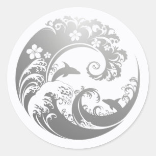 Japanese Wave & Hibiscus Silver Classic Round Sticker