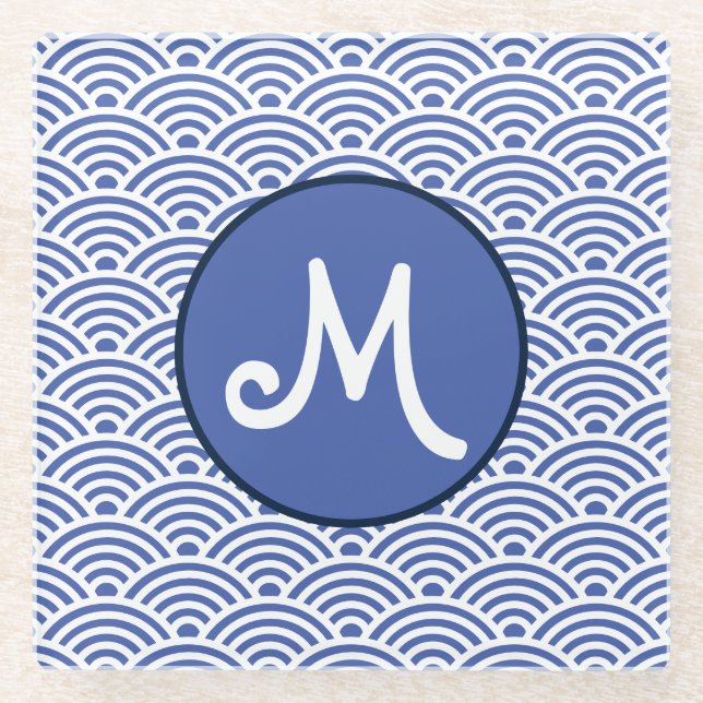 Japanese Wave Pattern and Monogram Glass Coaster (Front)