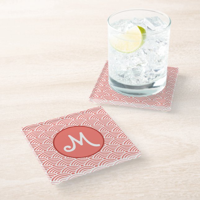 Japanese Wave Pattern and Monogram Glass Coaster (Angled)