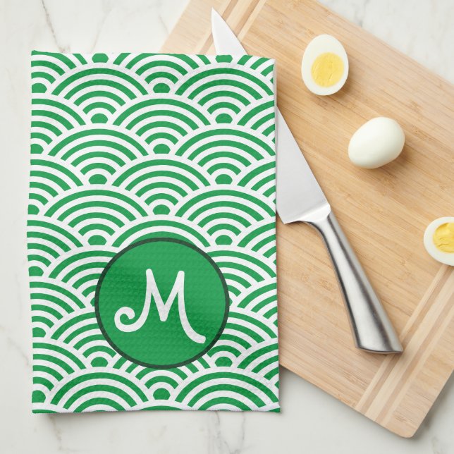 Japanese Wave Pattern and Monogram Tea Towel (Quarter Fold)
