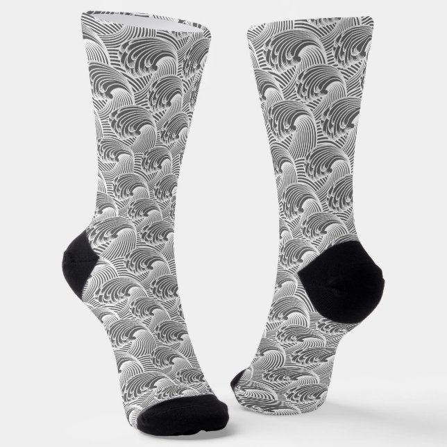 Japanese Wave Pattern Grey / Grey and White  Socks (Angled)