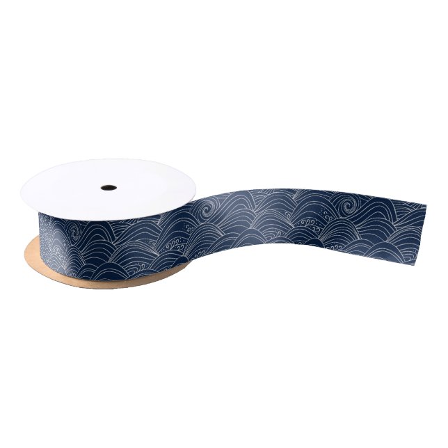 Japanese wave pattern motif dark blue white satin ribbon (Spool)