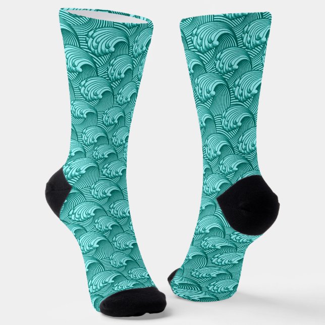 Japanese Wave Pattern Turquoise and Aqua  Socks (Angled)