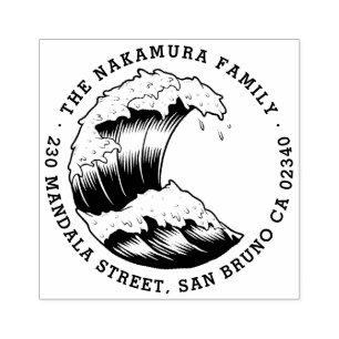Japanese Wave Round Family Name Return Address Rubber Stamp