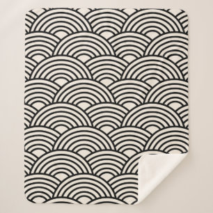 Japanese Wave Seigaiha Black And Cream White Sherpa Blanket