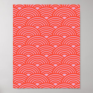 Japanese Wave Seigaiha Pattern Pink Red Poster