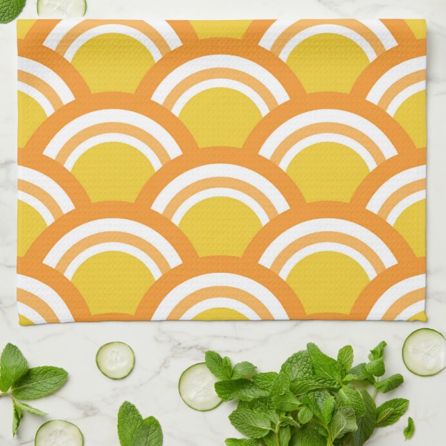 Japanese Wave Seigaiha  Pattern Yellow Orange  Tea Towel (Folded)