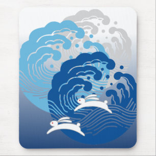 Japanese Wave & White Rabbit Mouse Pad