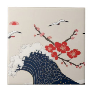 Japanese Waves and Blossoms Ceramic Tile - Piece 6