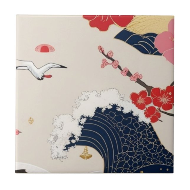 Japanese Waves and Blossoms Ceramic Tile - Piece 8 (Front)