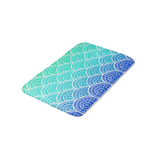 Japanese Waves Blue Green Gradient Pattern Bath Mat (Angled)