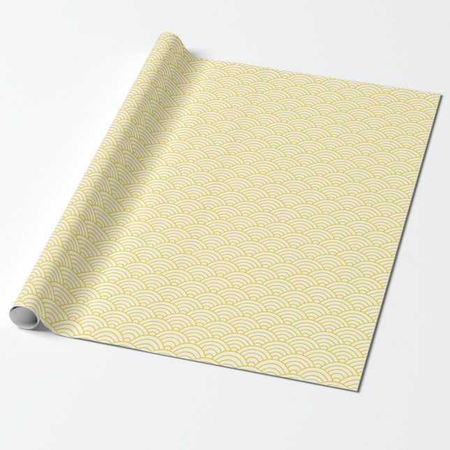 Japanese Waves, Golden Yellow on White Wrapping Paper (Unrolled)