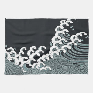 Japanese Waves in Black and Grey Tea Towel