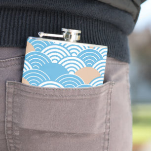 Japanese Waves Pattern Light Blue Beige Monograms Hip Flask