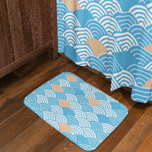Japanese Waves Pattern Light Blue Beige White  Bath Mat