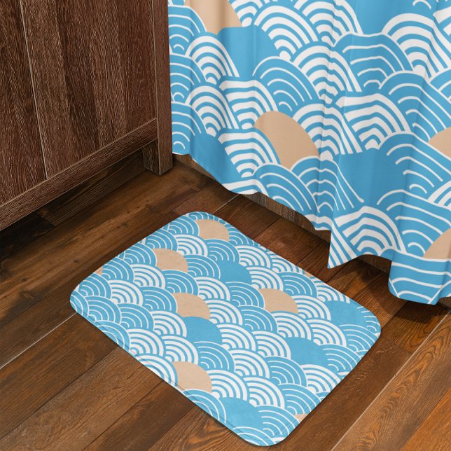 Japanese Waves Pattern Light Blue Beige White  Bath Mat (Creator Uploaded)